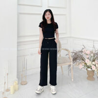 Quần ống rộng nữ cạp chun ba sọc trắng chất vải Umi quần ống suông cạp thun co giãn có túi