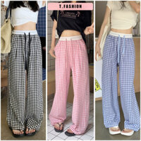 Quần ống rộng nữ dài kẻ caro phối cạp dây rút đủ 3 màu năng động mặc thoáng mát dễ phối đồ, quần dài nữ T.Fashion QD0006