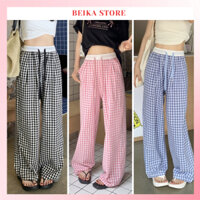 Quần ống rộng nữ dài kẻ caro phối cạp dây rút đủ 3 màu cho bạn gái năng động, mặc thoáng mát dễ phối đồ QD0006