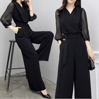 Quần ống rộng nữ mới, cao cấp, chiffon đen, ôm sát, bộ jumpsuit thanh lịch