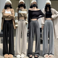 Quần ống rộng nữ phong cách Hàn Quốc, quần cạp cao, giảm béo, đa năng, quần lau màu đen