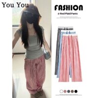 Quần ống rộng nữ Quần kẻ sọc đỏ trắng Quần cạp cao Quần lười