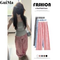 Quần ống rộng nữ Quần kẻ sọc đỏ trắng Quần cạp cao Quần lười