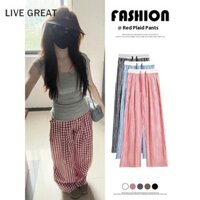 Quần ống rộng nữ Quần kẻ sọc đỏ trắng Quần cạp cao Quần lười