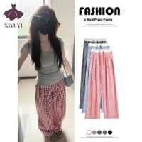 Quần ống rộng nữ Quần kẻ sọc đỏ trắng Quần cạp cao Quần lười