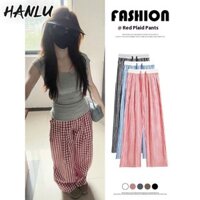 Quần ống rộng nữ Quần kẻ sọc đỏ trắng Quần cạp cao Quần lười