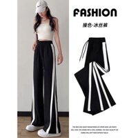 Quần ống rộng nữ thể thao 2 sọc, quần dài nữ ống suông cạp chun cao có dây rút unisex