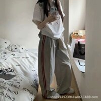 Quần ống rộng nữ thể thao thông thường Quần mỏng sọc xám bùn giảm béo