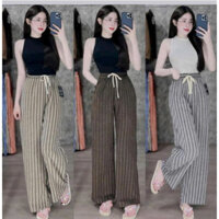 Quần ống rộng nữ vải dạ hàn họa tiết kẻ sọc cạp chun lưng cao có dây chỉnh eo dài 100cm
