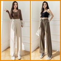 Quần ống rộng suông nữ buộc dây lệch, quần tây công sở dáng dài vải mềm mại -  NÂU - L