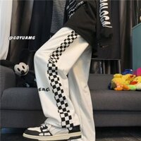 Quần ống rộng thể thao nữ Xuân thu Mỹ Retro Street Checkerboard Quần