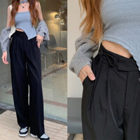 Quần pants dài buộc dây eo ống suông rộng cạp cao màu đen trơn công sở hack dài chân hàn quốc Cheapy C1346