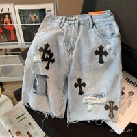 Quần short bé trai khoét lỗ ghép hình chữ thập thương hiệu sành điệu Quần 5 phân tôn dáng gầy ống đứng cạp cao mùa hè nam nữ sành điệu