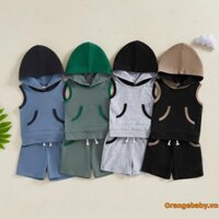 Quần short bé trai tập đi màu không tay có mũ trùm đầu Áo thun eo quần short 2 bộ