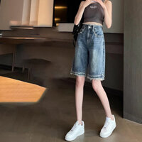 Quần short bò cạp cao viền thô Jiashucheng quần lửng ống đứng rộng rãi mẫu mới loại mỏng mùa hè cho nữ quần năm Phân ỐNg RộNg