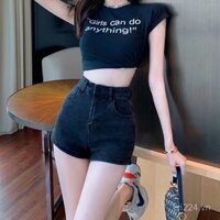 Quần short bò dễ phối xẻ tà màu đen hot cho nữ cạp cao tôn dáng gầy 2025 mùa hè mẫu mới quần ống đứng rộng rãi hot trend