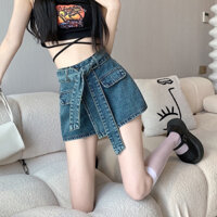 Quần short Bò jean giả váy Nữ Kèm Đai Buộc