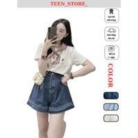 Quần short bò nữ cạp cao ống rộng 2 khuy gấu to – chất jean dày dặn (size S/M/L)