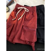 Quần short cargo nam mùa hè mỏng rộng rãi màu đỏ, thương hiệu thời trang Mỹ, có túi khóa kéo, LJVO