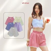 Quần short caro nữ phối dây nút hoa VMSTYLE, Quần đùi nữ lưng thun mùa hè mặc đi biển, mặc nhà QSU00038 - QSU00037