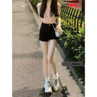 Quần short denim đen co giãn cho phụ nữ, phong cách Hàn Quốc mùa hè mỏng, eo cao, giảm cân, tăng chiều cao, xu hướng quần hot girl A-line