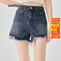 Quần short denim Lovito cạp cao thông thường màu trơn thường ngày cho nữ L49AD107 (Màu xanh lam)