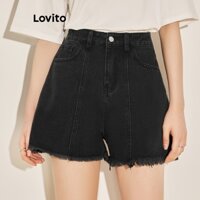 Quần short denim Lovito viền thô có đệm màu trơn thường ngày cho nữ L61AD117 (Màu đen)