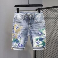 Quần short denim mùa hè tại ga Châu Âu, quần 5 tấc mỏng co giãn giản dị thời trang tôn dáng in hoa cá tính cho nam