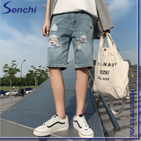 Quần Short Denim Nam Slim Fit Rời Rách Quần Short Nam Không Co Giãn Retro Crop Quần