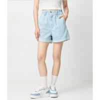 Quần short denim nữ, sooc bò cạp nhún bèo điệu đà, ống rộng gấp gấu