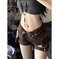 quần short denim nữ thiết kế dây đeo túi áo liền quần quần ống rộng