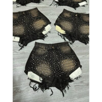 Quần short đùi jean nữ lưng cao ĐÍNH ĐÁ lòi túi đen xám hàng dày xịn bao đẹp alohashop91