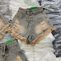 Quần short đùi jean nữ lưng cao 4 nút xanh bụi rách tua