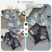 Quần Short Đùi Jeans Bò rách nữ Cạp Cao Ống Rộng Lucy chất jean, Quần Bò ngắn lưng cao Nữ Rách Nhẹ Xanh Đen Wash