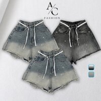 Quần Short Đùi Jeans Nữ Rách Lưng Cao Thiết Kế Dây Lưng Vẩy Sơn, Quần Đùi Bò Jean Rách Nhẹ Nữ Ống Rộng Avocado