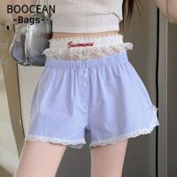 Quần Short Eo Co Giãn BOOCEAN, Quần Short Sọc Nút Màu Xanh Hồng, Quần Legging Ren Gothic Mùa Hè Nhân Quả Cho Nữ Cô Gái