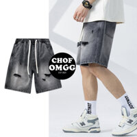 Quần short jean baggy, quần đùi jean nam CHOF OMGG, form Hàn Quốc rách 2 bên trên, vải mền dầy dặn, short bò ống rộng