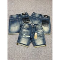 Quần short jean CD Xanh bạc rách mài logo chữ kẻ sọc Đen túi sau LA 1-1 on web VTN [ Bản VIP ]
