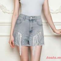 Quần short jean đính đá cao cấp tua rua dành cho nữ có túi