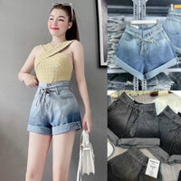 Quần short jean lưng cao cạp cột dây quần đùi jean gấp lai