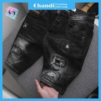 Quần Short Jean Nam co dãn kiểu dáng trẻ trung đơn giản thêu họa tiết Thương Hiệu Chandi, quần sọt mẫu hot nhất HD219 - Đen - 28