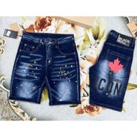 Quần short jean nam DSQ xanh vẩy sơn in lá phong đỏ ICON Sau túi mẫu mới cao cấp