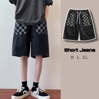 Quần short jean nam hoạ tiết kẻ ô caro quần bò đùi ống rộng lưng thun SIB094