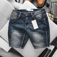 Quần short jean nam xanh rêu in họa tiết co giãn ngang gối suông nhẹ VNXK cao cấp