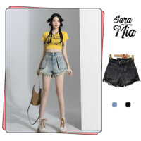 Quần short jean ngắn cạp cao sooc đùi bò nữ ống rộng túi hộp màu xanh đen tua dua S7