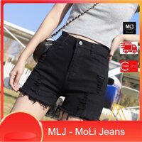 Quần short jean nữ BigSize màu đen tuyền và xám lông chuột, lưng cao, co dãn mạnh, tua lai rách 3833