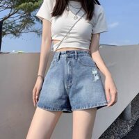 Quần short jean nữ BigSize lưng cao, co dãn mạnh, lai cuốn, màu xanh nhạt Rách dành cho người mập 4326 MLJ 60kg 90kg