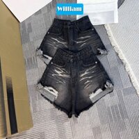 Quần short jean nữ đen lưng cao rách gối nhẹ, wash màu họa tiết cá tính William - AT442