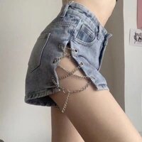 Quần Short Jean Nữ Plus Size Phong Cách Gợi Cảm Âu Mỹ Mới Cạp Cao Xẻ Tà Dây Xích Thời Trang Dành Cho Nữ