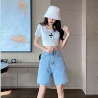 Quần short jean nữ, quần ngố jean nữ lưng cạp cao ống rộng chuẩn from chữ A